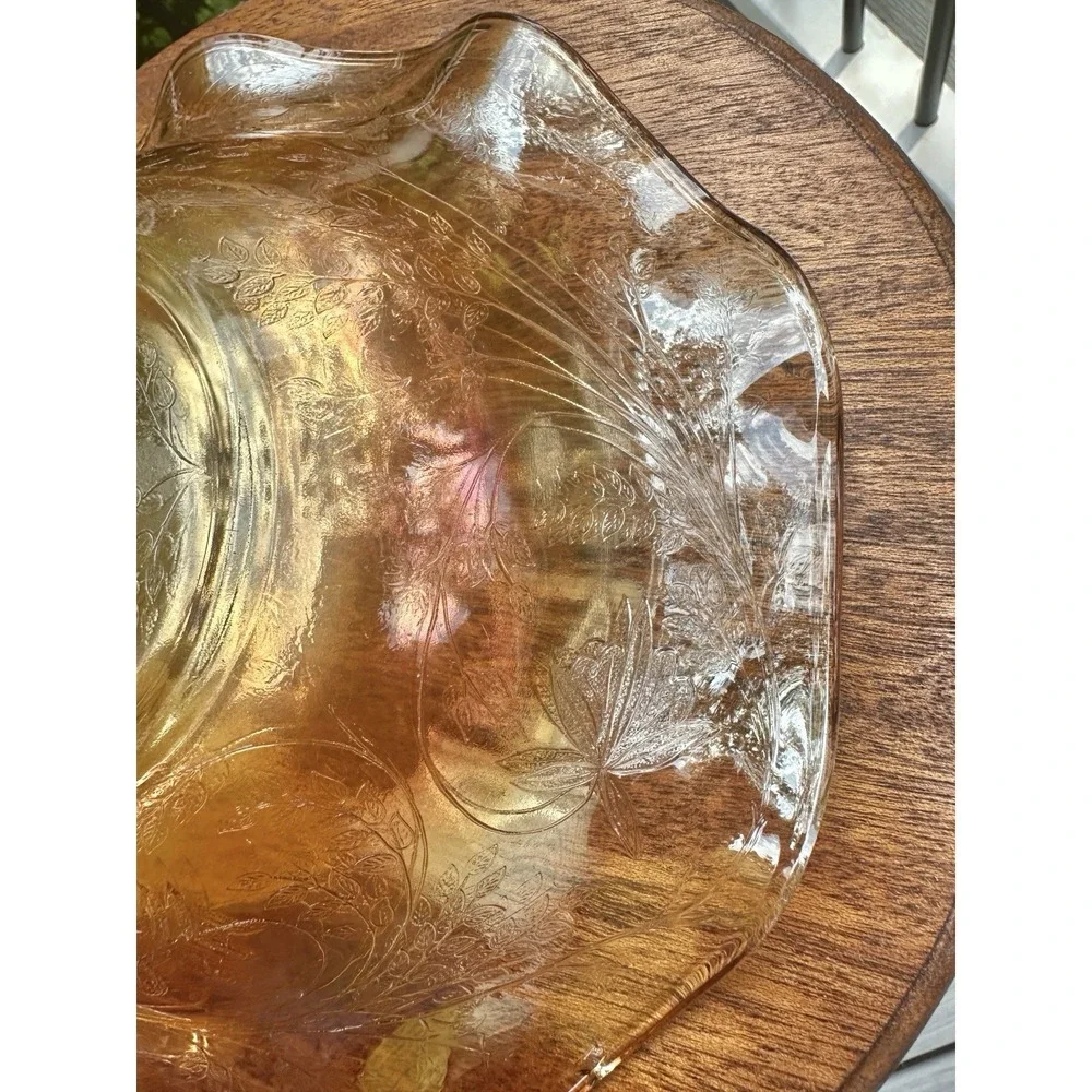Jeanette Carnival Glass Bowl Vtg Iridescent Orange Floragold Louisa Ruffled 9.5